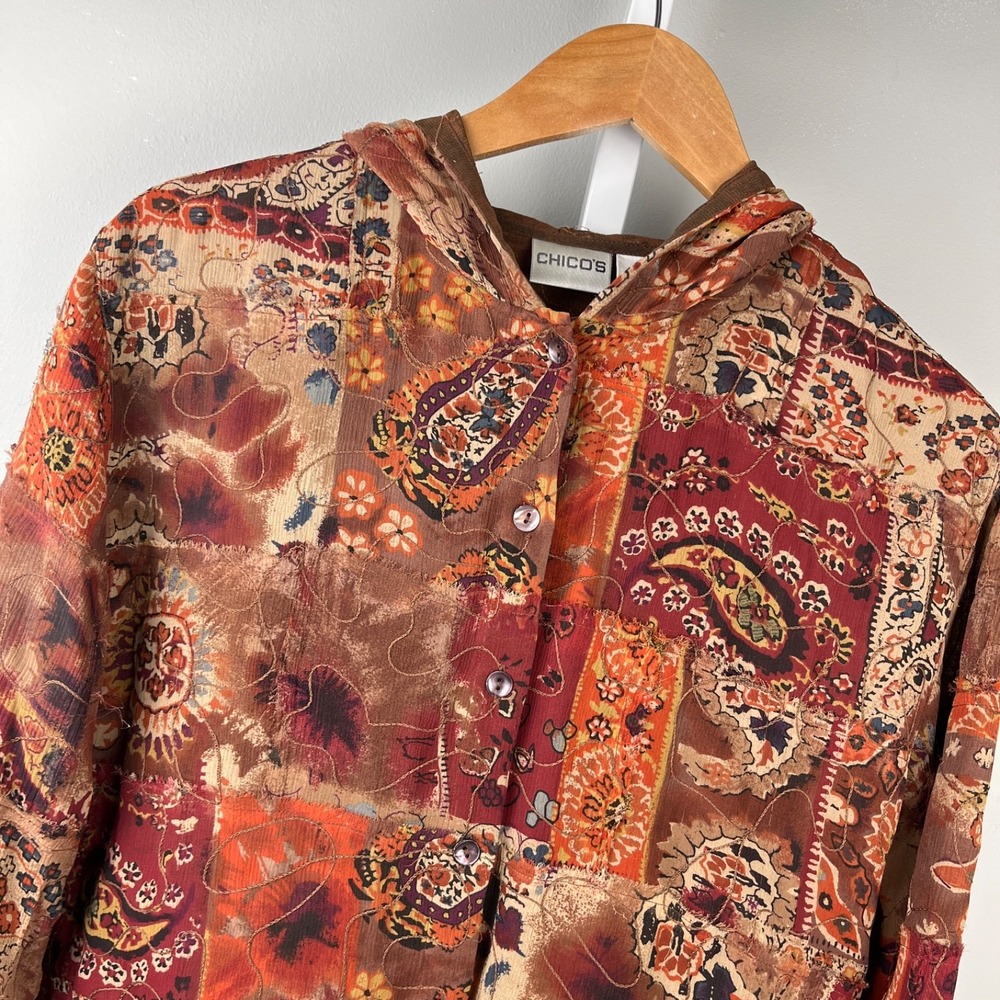 Vintage Chico's Silk Hooded Top Size 2 Womens L/12 Brown Patchwork Button Up